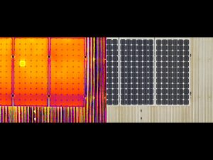 Drone Thermal Side-By-Side Photo Identifying Hot Spot on Solar Panel